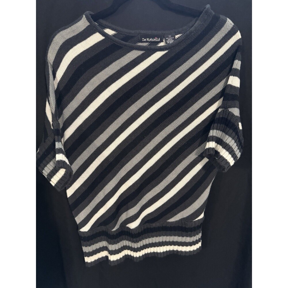 De Rotchild Womens Black Gray White Striped Ribbed Knit Round Neck Sweater 3X